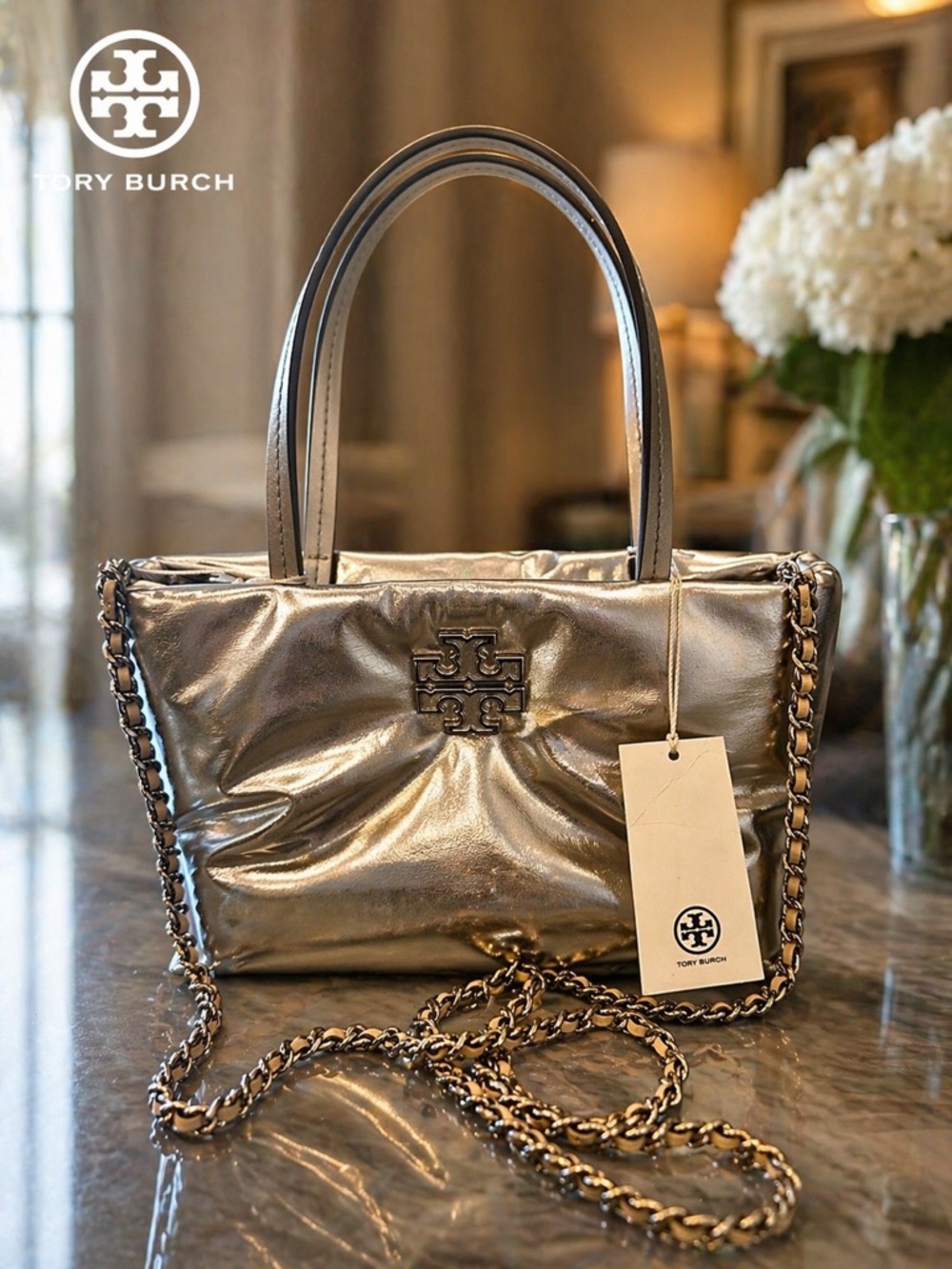 New with Tag! Tory Burch Metallic Silver Shoulder Bag with Chain Strap Nordstrom